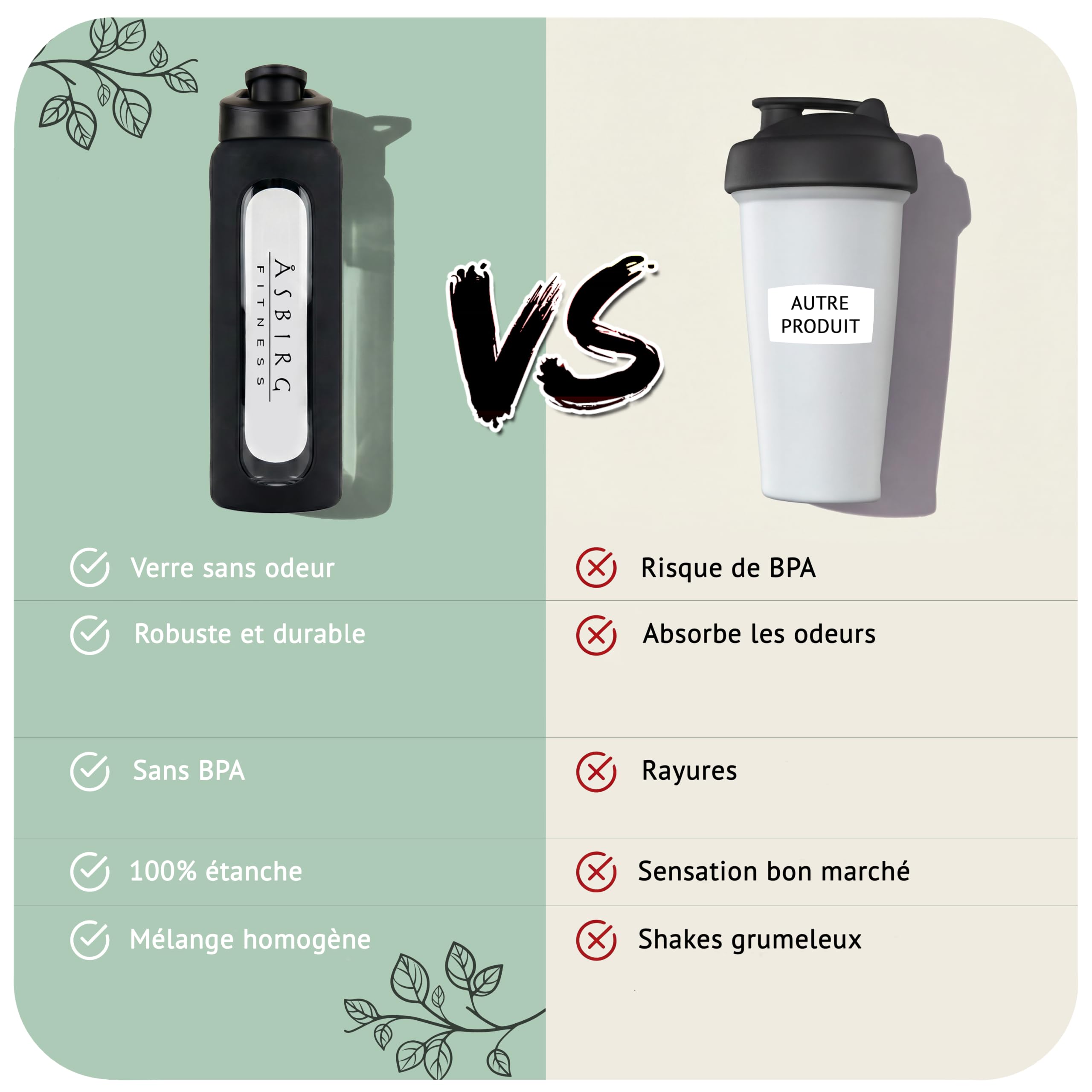 Shaker Protéines en Verre Trempé - 1000ml Gourde avec Boule Mélangeuse | Étanche, Sans BPA & Résistant | Noir