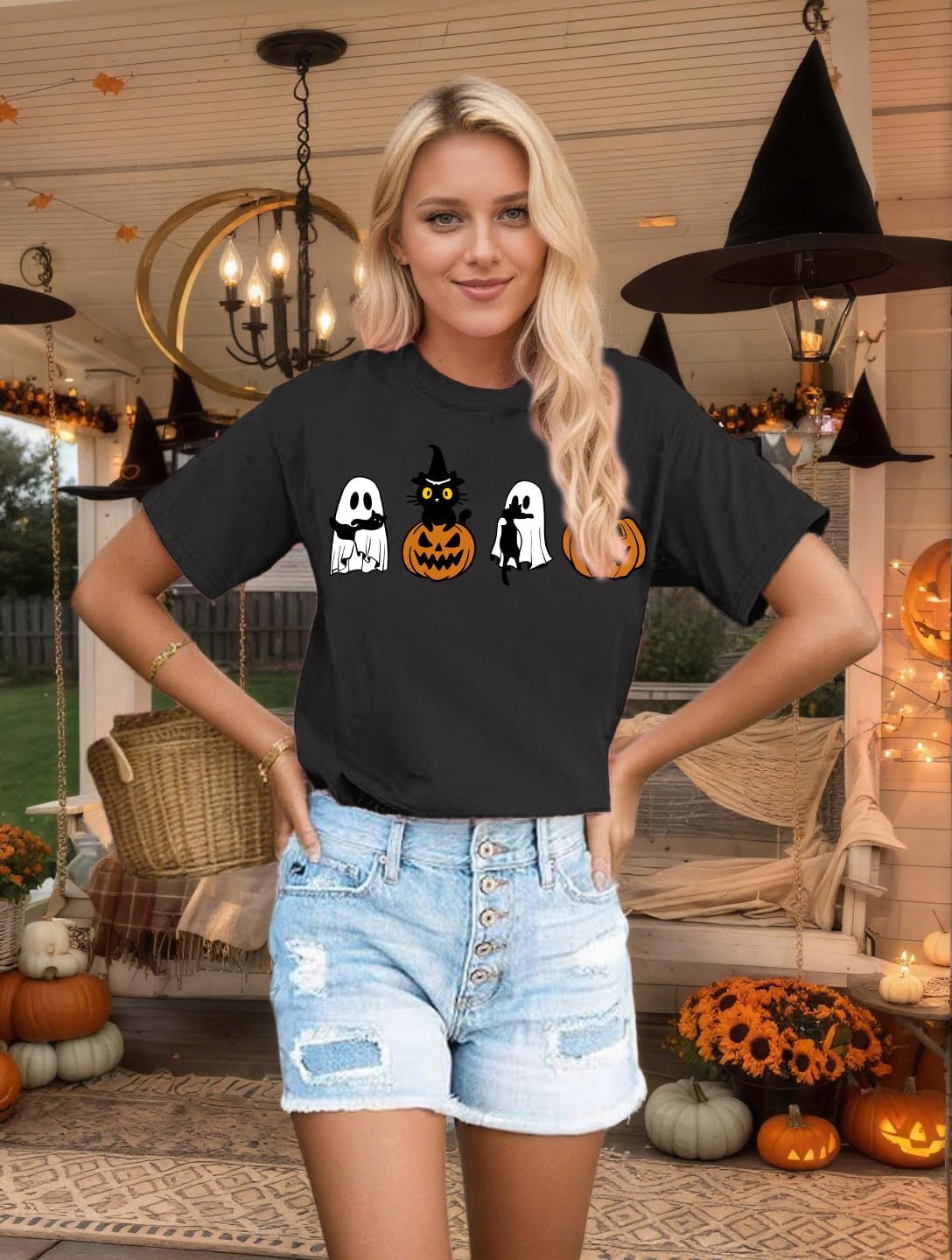Halloween Shirts for Women Cute Ghost Pumpkin Graphic Tees Fall Gifts Casual Thanksgiving Doodles Short Sleeve Tops - Image 3