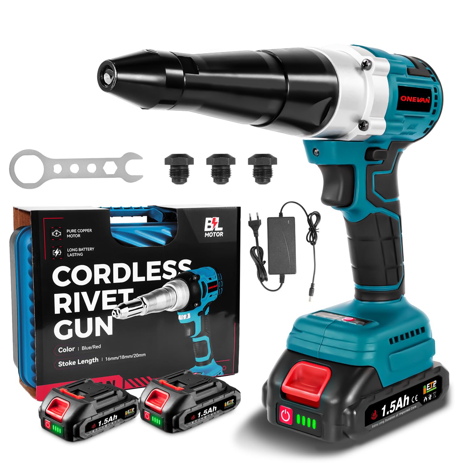 ONEVAN Cordless Rivet Gun with 2PCS Batteries and 1.2A Fast Charger, Brushless Electric Rivet Gun, 0.78" Stroke Length, Rivet Gun Kit for 1/8", 5/32",