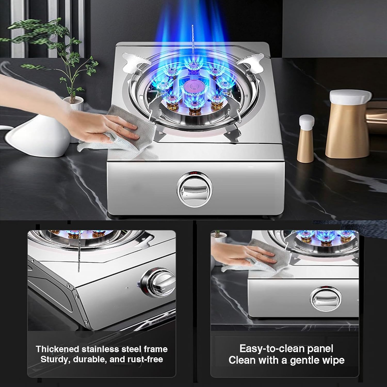 Single-burner Gas Stove,Stainless Steel Tabletop Cooker,4.2KW 9-cavity High-Efficiency Cooktop,with Flame Failure Protection,NG/LPG Compatible(NG)