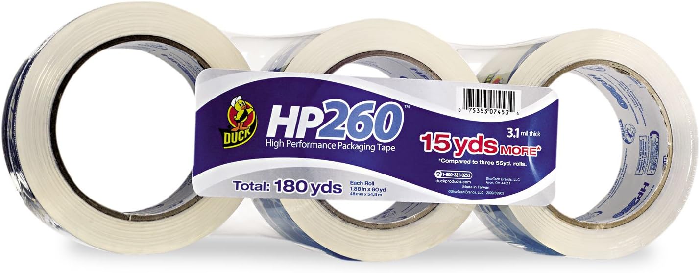 Duck HP260C03 Carton Sealing Tape 1.88-Inch x 60yds, 3-Inch Core, Clear, 3/Pack