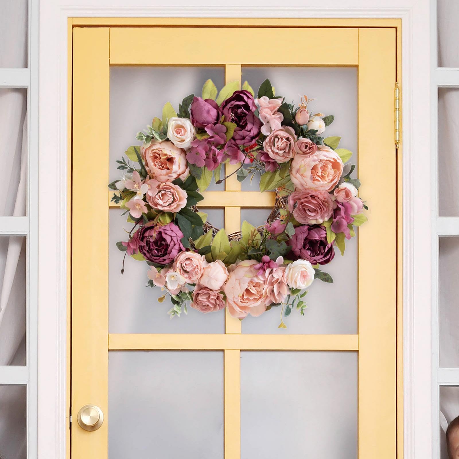 Milageto Ghirlanda primaverile per porta d'ingresso, fiori di artificiali, ghirlanda da 40 cm per matrimonio, finestra, soggiorno, Capodanno, Pasta di Fagioli Viola