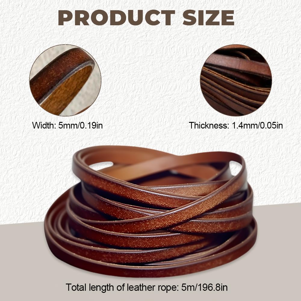 Cordino Cuoio Piatto 5 mm,Fettuccia Cuoio,Cordoncino In Pelle,Corda PelleMarrone,Strisce Di Pelle,Laccio Cuoio per Collane,Filo Cuoio per Bracciali,Stringa Cuoio Piatta per Fai Da Te Artigianato