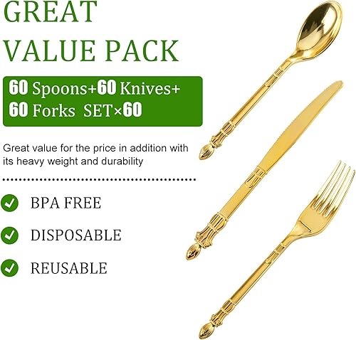 Miniatura 3 de WELLIFE Juego de cubiertos de plástico dorado de 180 piezas, 60 tenedores dorados, 60 cucharas doradas, 60 cuchillos dorados, cubiertos de plástico