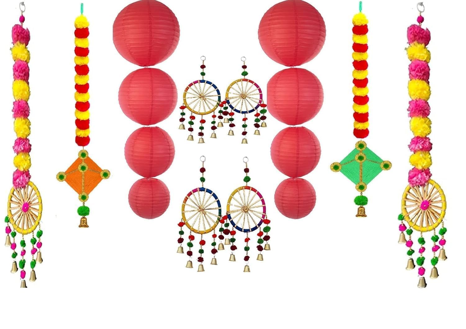 The Decor Affair Handmade Artificial Marigold Hanging Decorations & Red Paper Lanterns - Set of 16 | Vibrant Makar Sankranti Festival Décor, Traditional Marigold and Lantern Combo for Celebrations