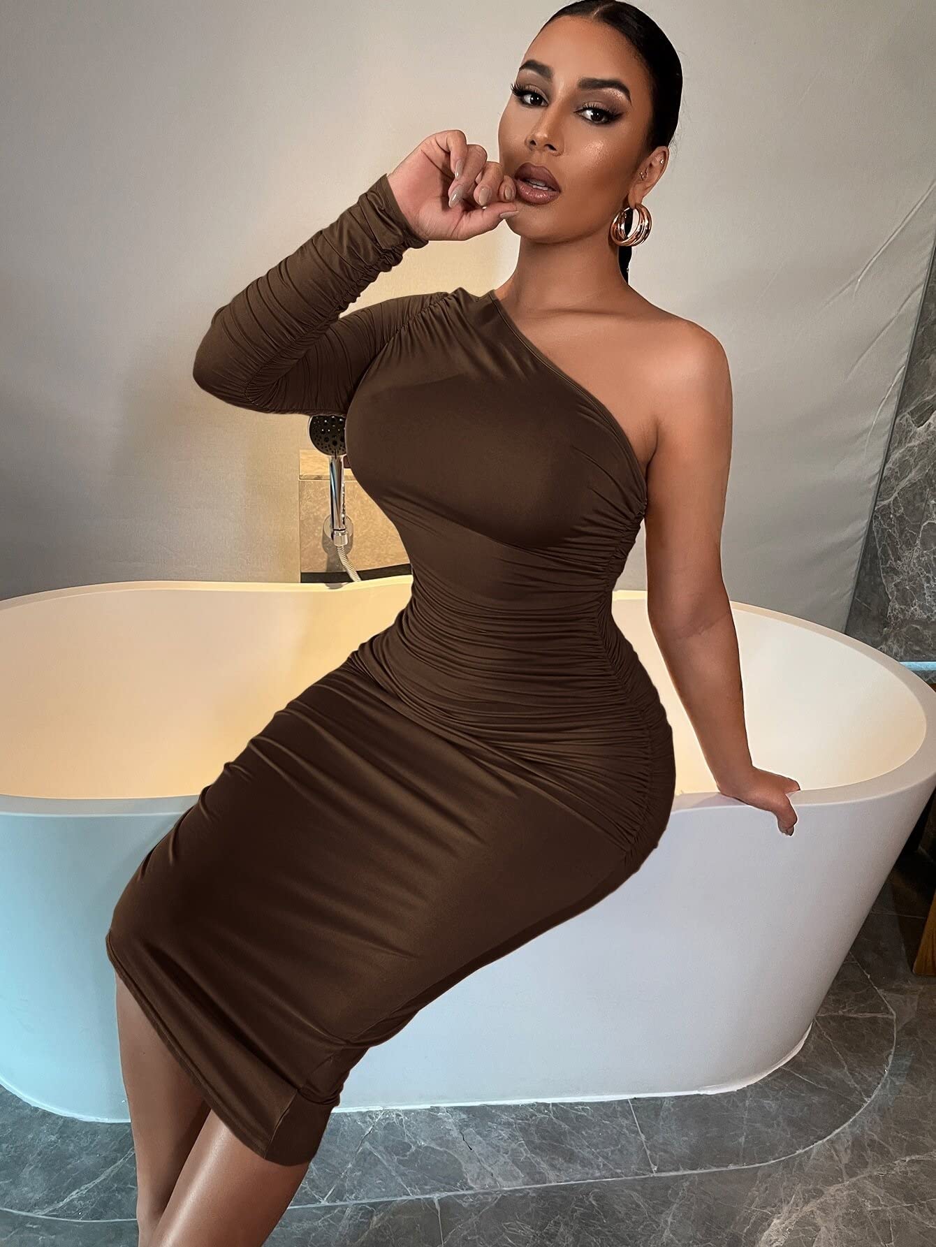 Amazon.com: Neeno Women's Dresses One Shoulder Ruched Side Bodycon Dress  Dress for Women(Brown,X-Small) : Clothing, Shoes & Jewelry