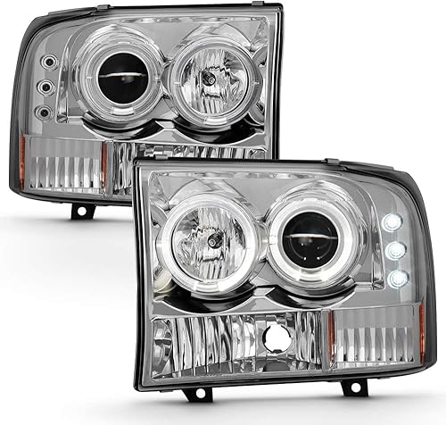 ACANII - Para 1999-2004 Ford F250 F350 F450 SuperDuty Excursion LED Halo Chrome Housing Proyector Faros Faros Faros