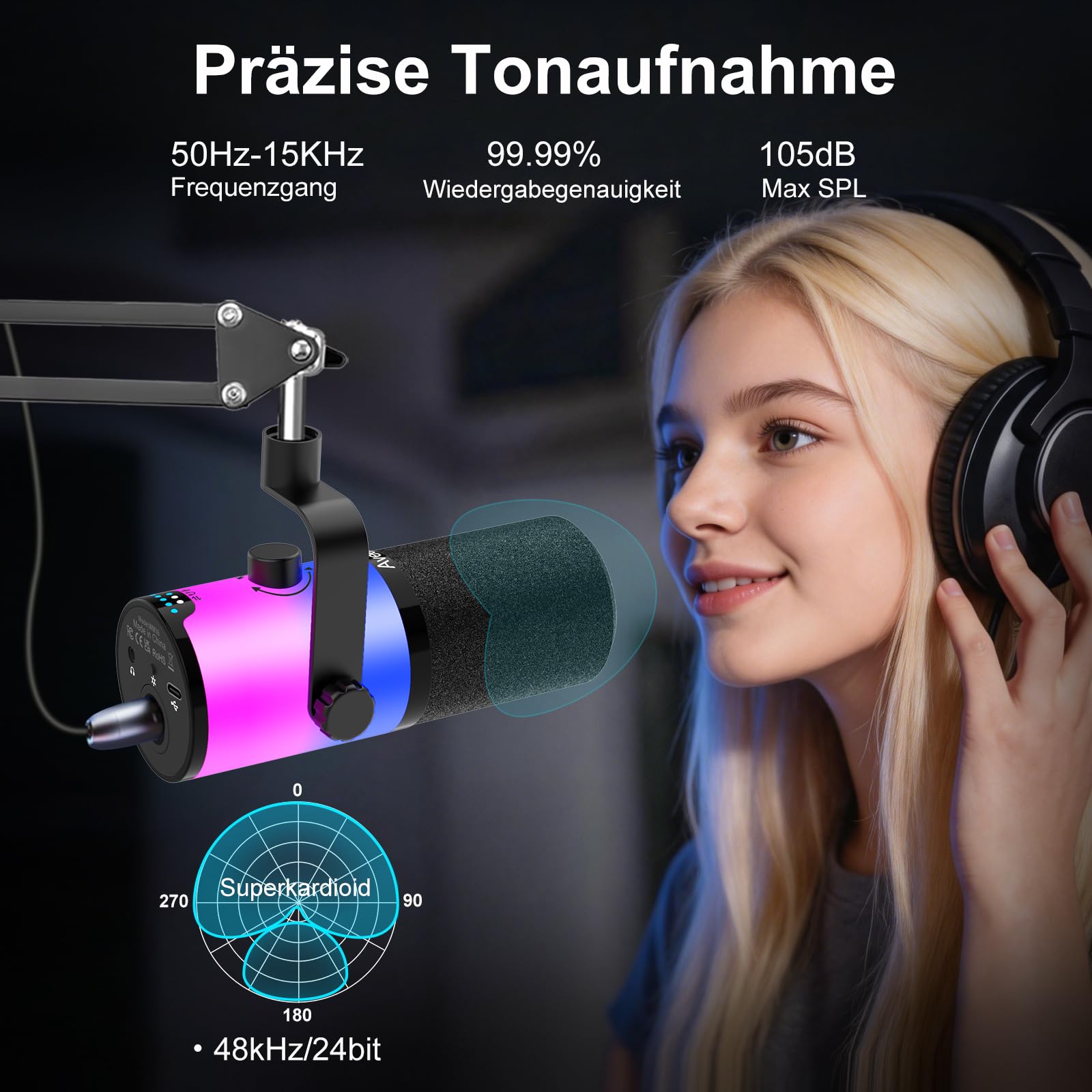 Aveek USB/XLR Dynamisches Mikrofon mit Arm für Gaming und Streaming | RGB-Beleuchtung, Geräuschunterdrückung, Stummschaltung per Knopfdruck, Monitor-Mix und Kopfhöreranschluss für PC und PS5