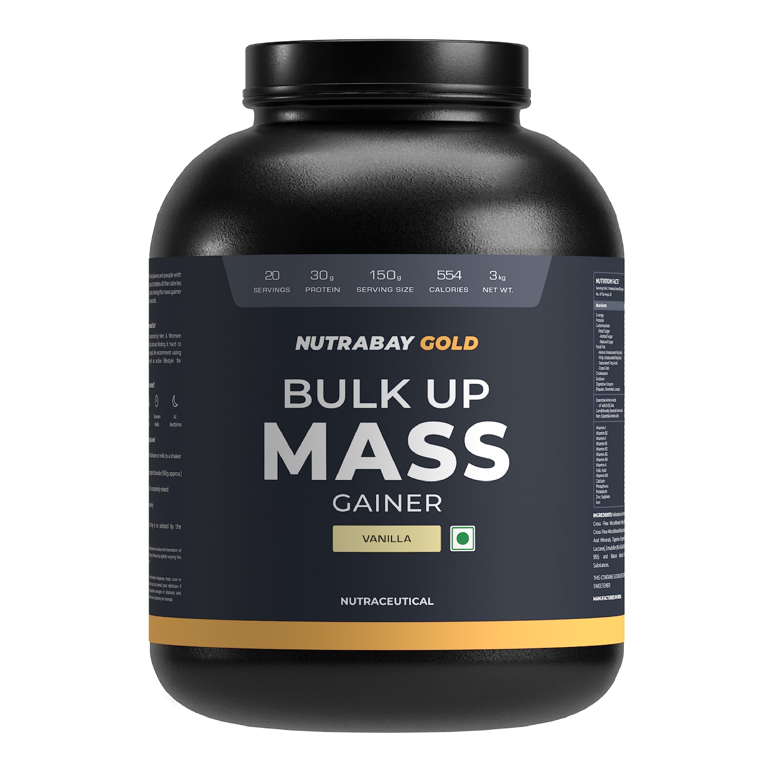 Nutrabay Gold Bulk Up Mass Gainer Powder - 3kg, Vanilla | 30g Protein, 104g Carbs, 554 Calories | Easy to Digest | 100% Veg Muscle Building & Weight Gainer Supplement for Men & Women (B0C8TSJ1NW) Amazon Price History, Amazon Price Tracker