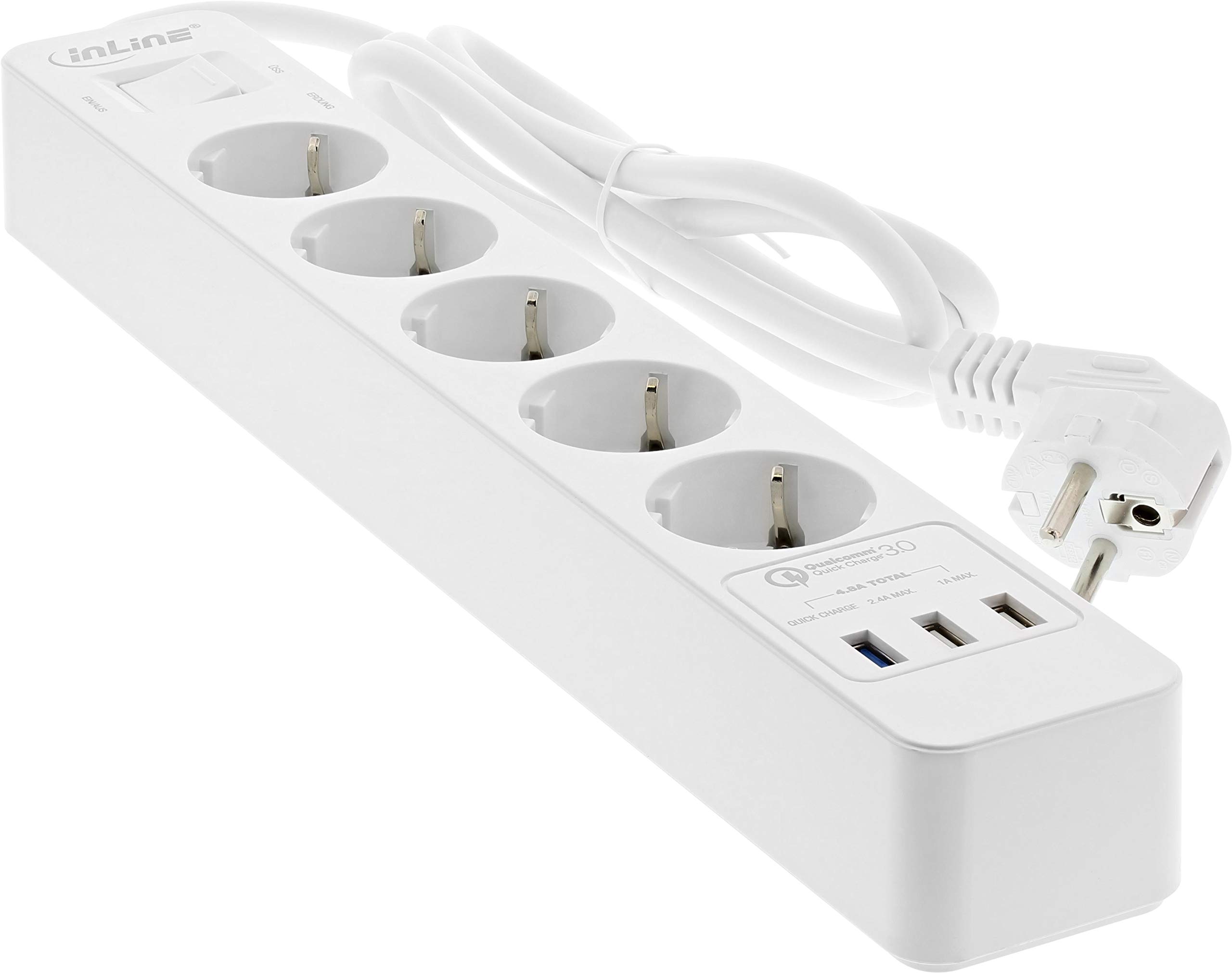 InLine 16491T - Regleta con 5 enchufes (protección de Contacto, protección contra sobretensiones y USB QuickCharge con Interruptor, 1,5 m), Color Blanco
