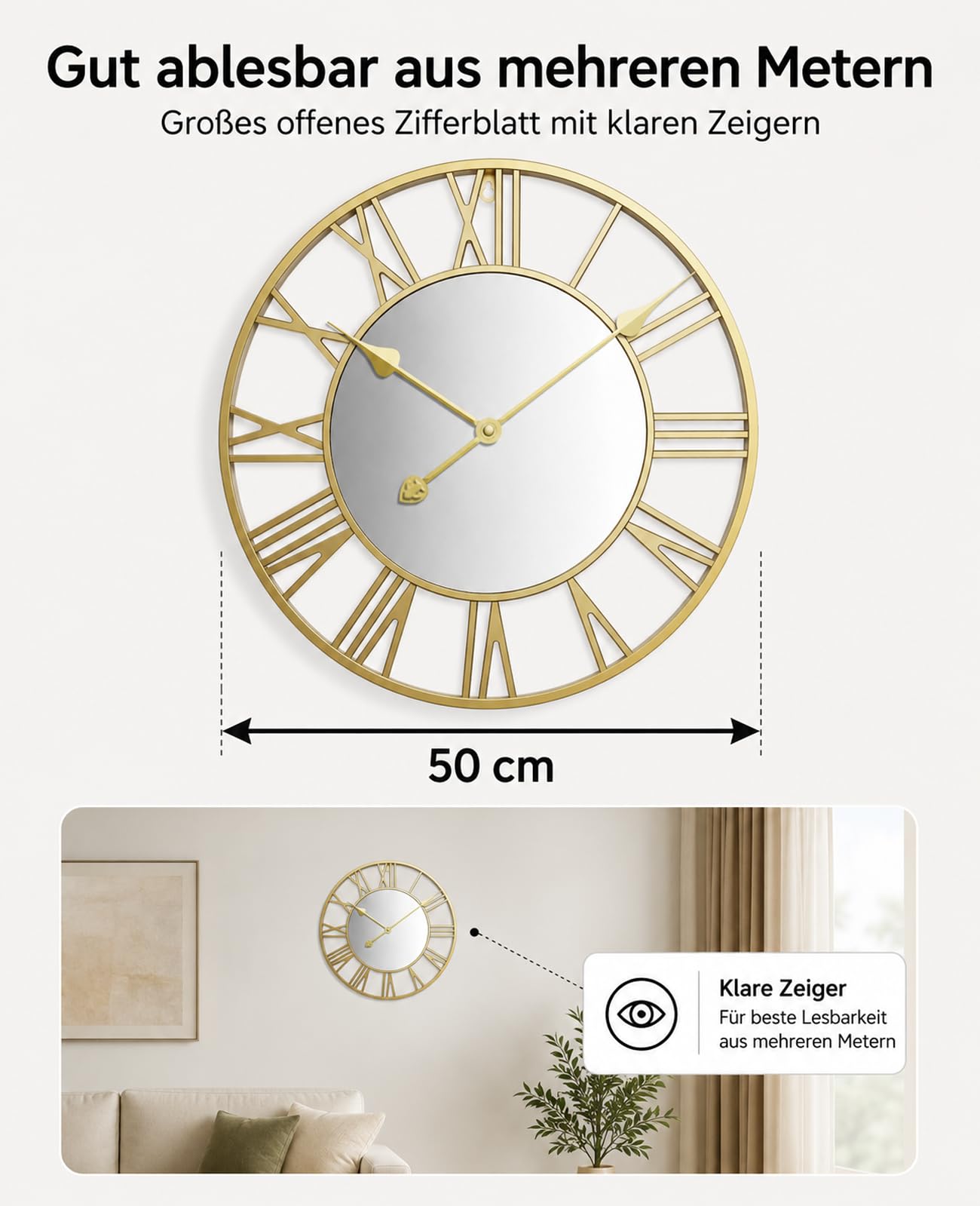 Wanduhr Gold 50 cm lautlos mit römischen Ziffern und Metallrahmen