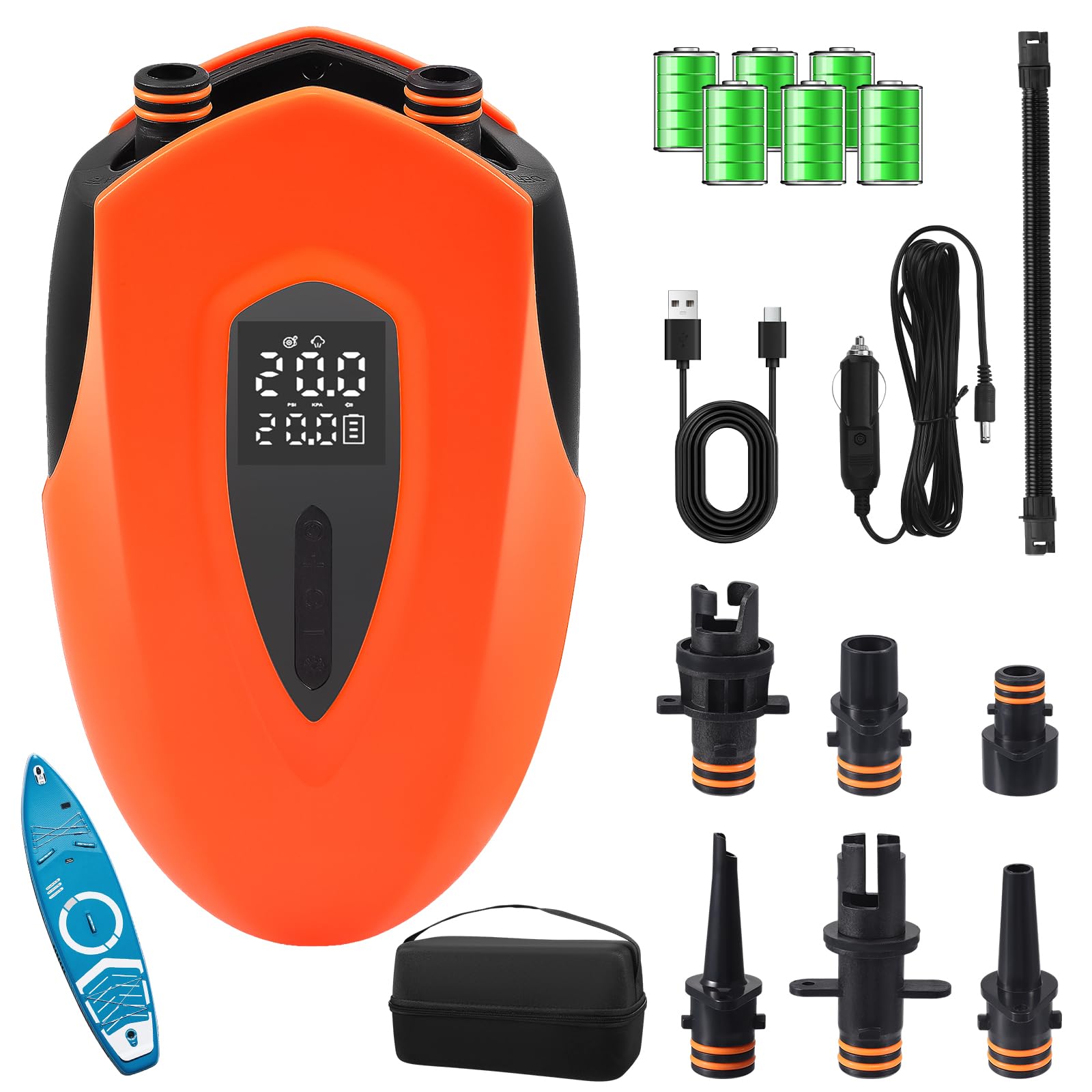 Bomba Sup Eléctrica de 20 PSI, Batería 12000 mAh, Doble Cilindro 12V, LED, para Paddle Boards, Kayaks, Botes
