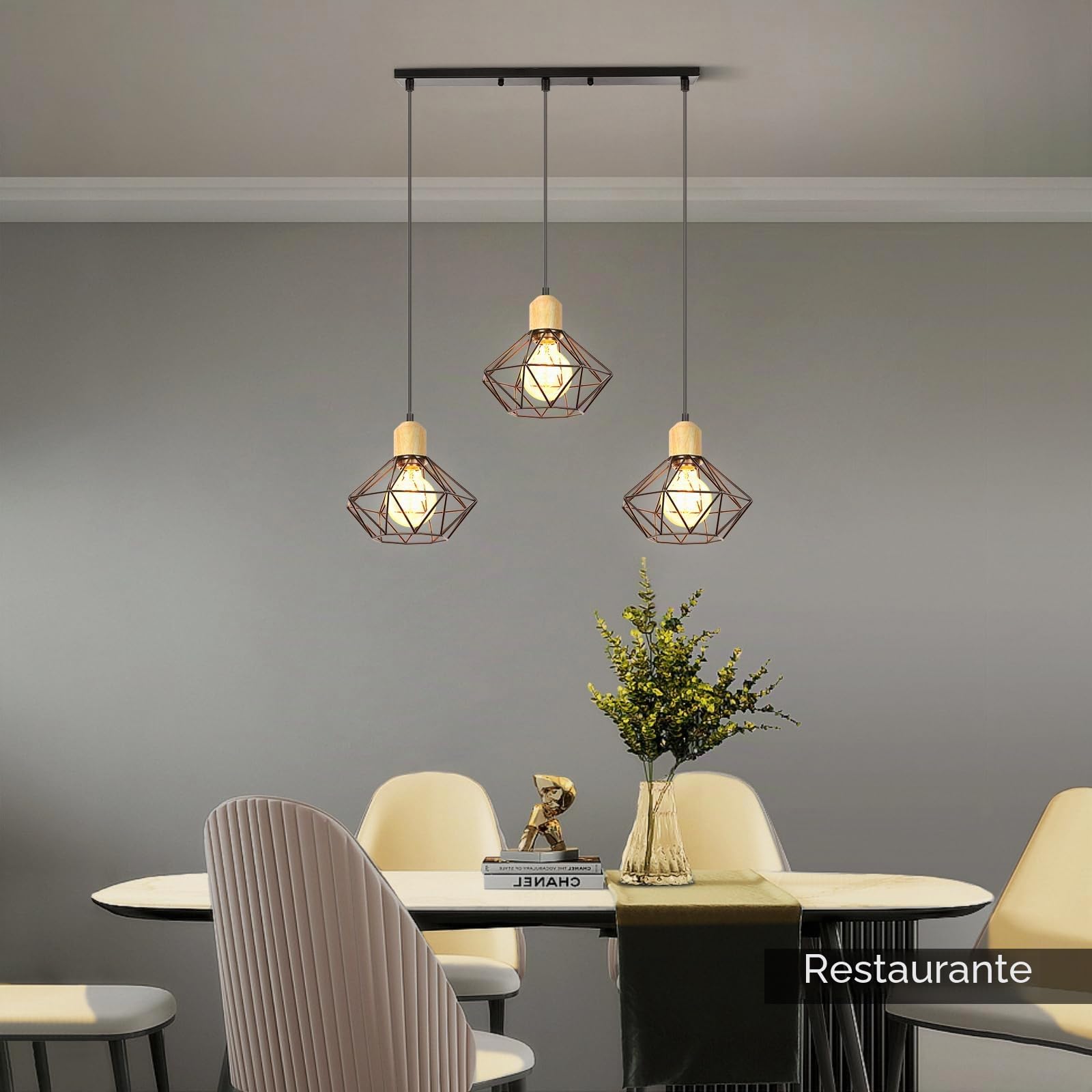 Lampara Colgante 3 Luces Vintage Lámpara de Techo E27 Industrial Iluminación de Techo de Interior en Madera y Hierro16CM Diseño de Jaula Negro para Comedor Cocina (una barra-50 cm)