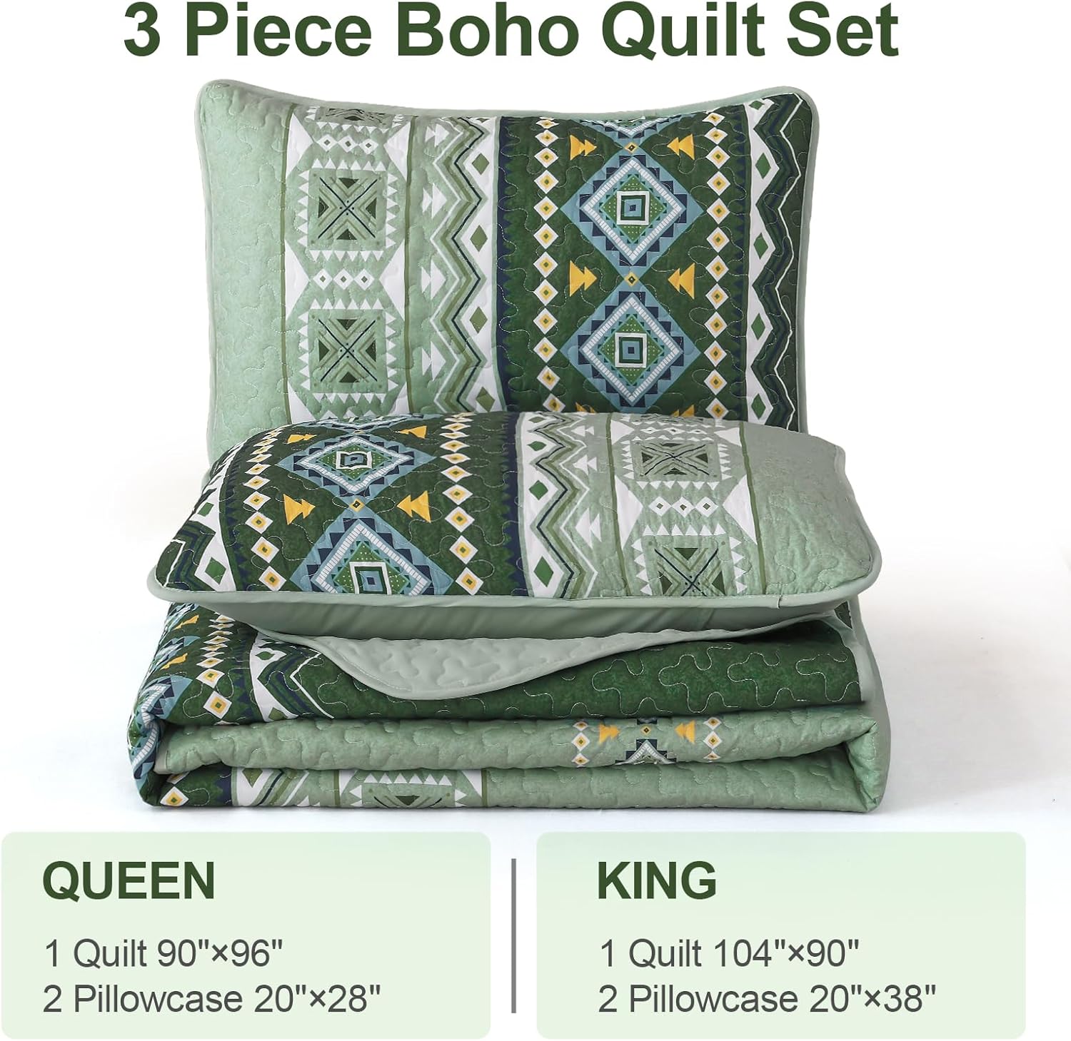 WONGS BEDDING Green Quilt Set Queen Size,3 Pieces Boho Bedspread Coverlet Set,Soft Bohemian Bedding Set Queen for All Season 96"×90" - Image 6