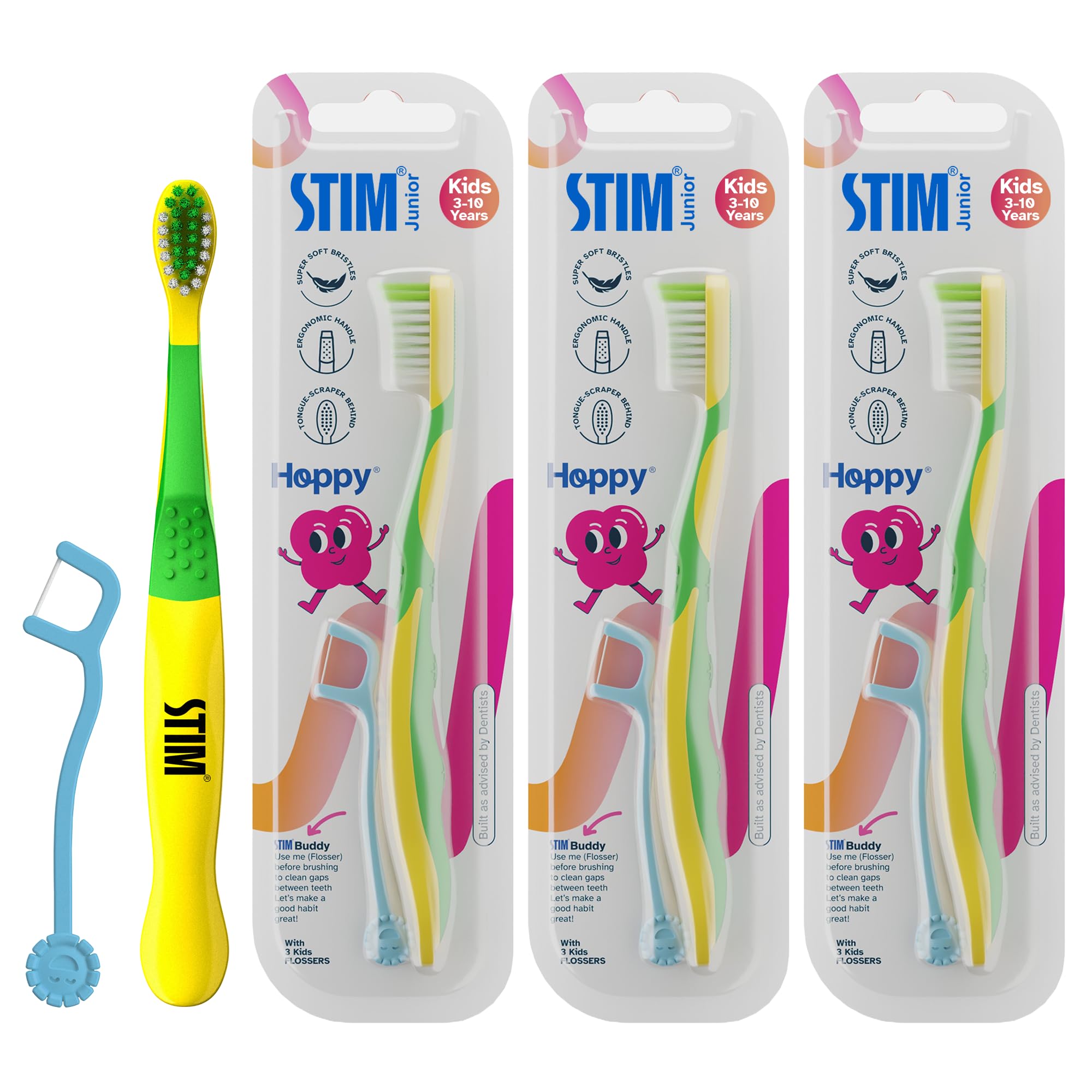 STIM Junior Kids Toothbrush | 3–10 Years | Ultra-Soft Bristles for Gentle Cleaning | Thumb Grip Handle & Tongue Scraper | Perfectly Sized for Independent Brushing | Dentist Recommended | Set of 3-image-6