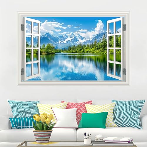 Miniatura 7 de Adhesivo mural de pared falso para ventana, montaña, lago, bosque, árbol, pared, pared, autoadhesiva, decoración para póster, paisaje natural (48 x