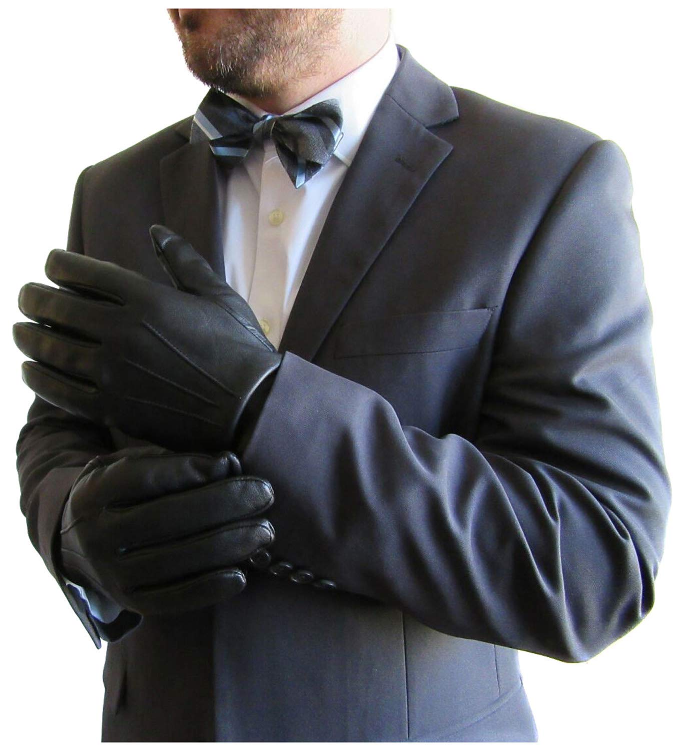 Fownes Mens Cashmere Lined Black Lambskin Leather Gloves Medium