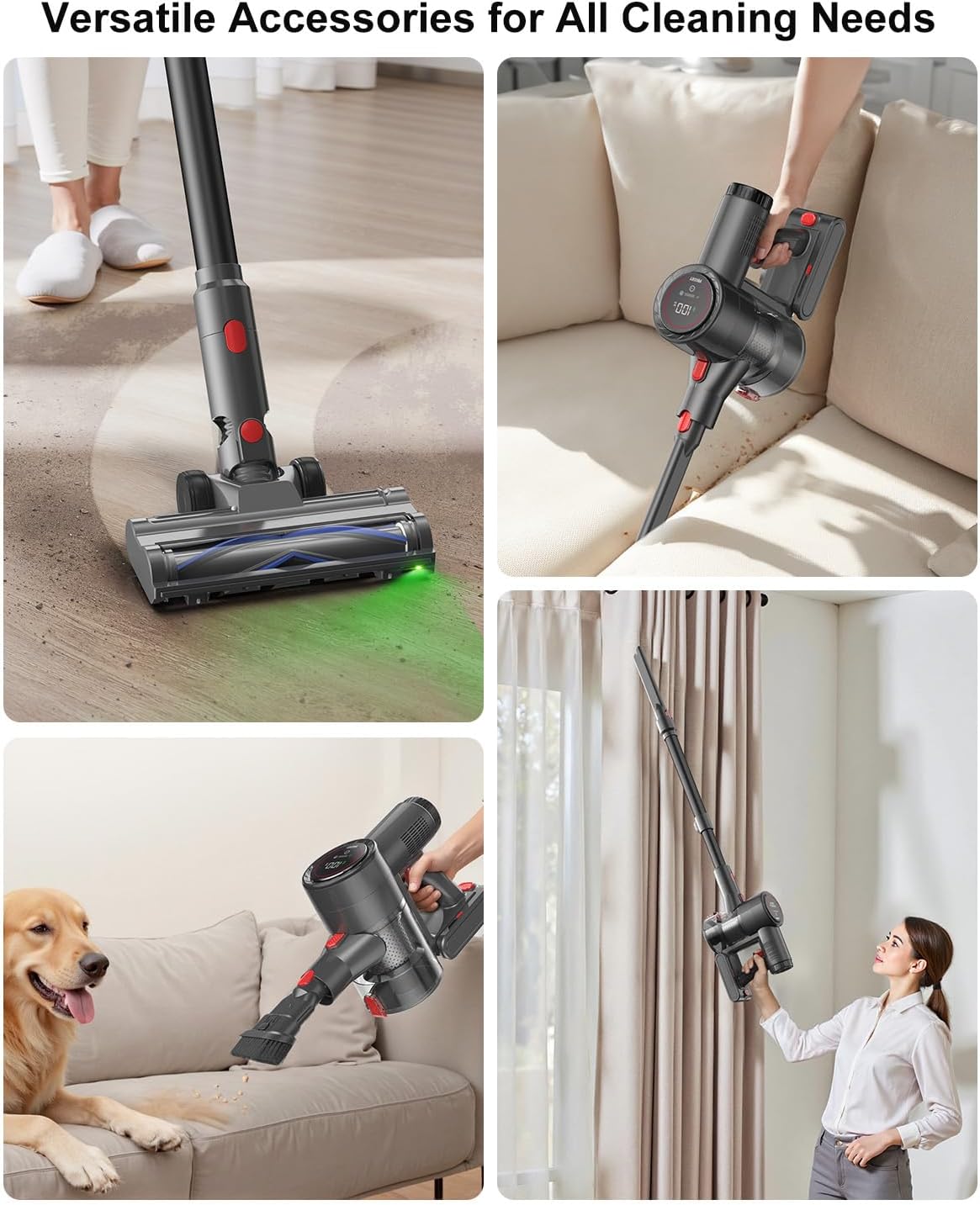 Cordless Vacuum Cleaner, Stick Vacuum Rechargeable, 550W 45KPA Powerful Suction Lightweight Vacuum Cleaners for Home, Anti-Tangle, Self Standing for Pet Hair Hardwood Floor Carpet - Black