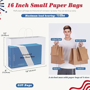 GSSUSA White Paper Bags with Handles, Large Gift Bags 16x6x12, 200 Pack