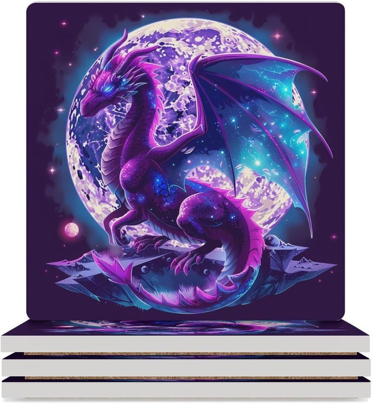 Fantasy Dragon Purple Coaster for Drinks Square Ceramic Table Coasters Stone Mat Crafts 4PCS Home Kitchen Decor