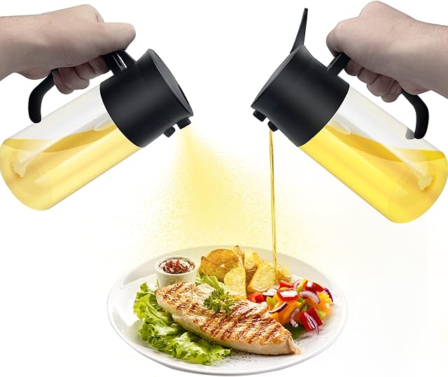 TOUYINGER Oil Spray Bottle, 500ml 2 in 1 Olive Oil Sprayer Dispenser for Cooking Portable Glass Oil Bottle for Kitchen Air Fryer, Baking, Salad, BBQ, Grilling