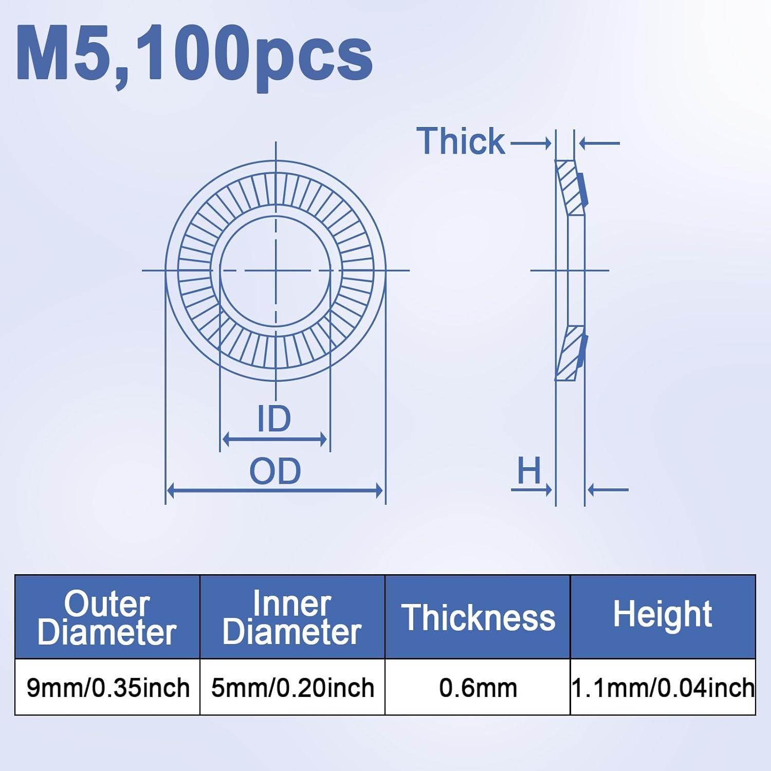 Double Side Lock Washer Conical Spring Washers,M5,100pcs,304 Stainless Steel,5mm ID x 9mm OD x 0.6mm Thick,Double Side Tooth