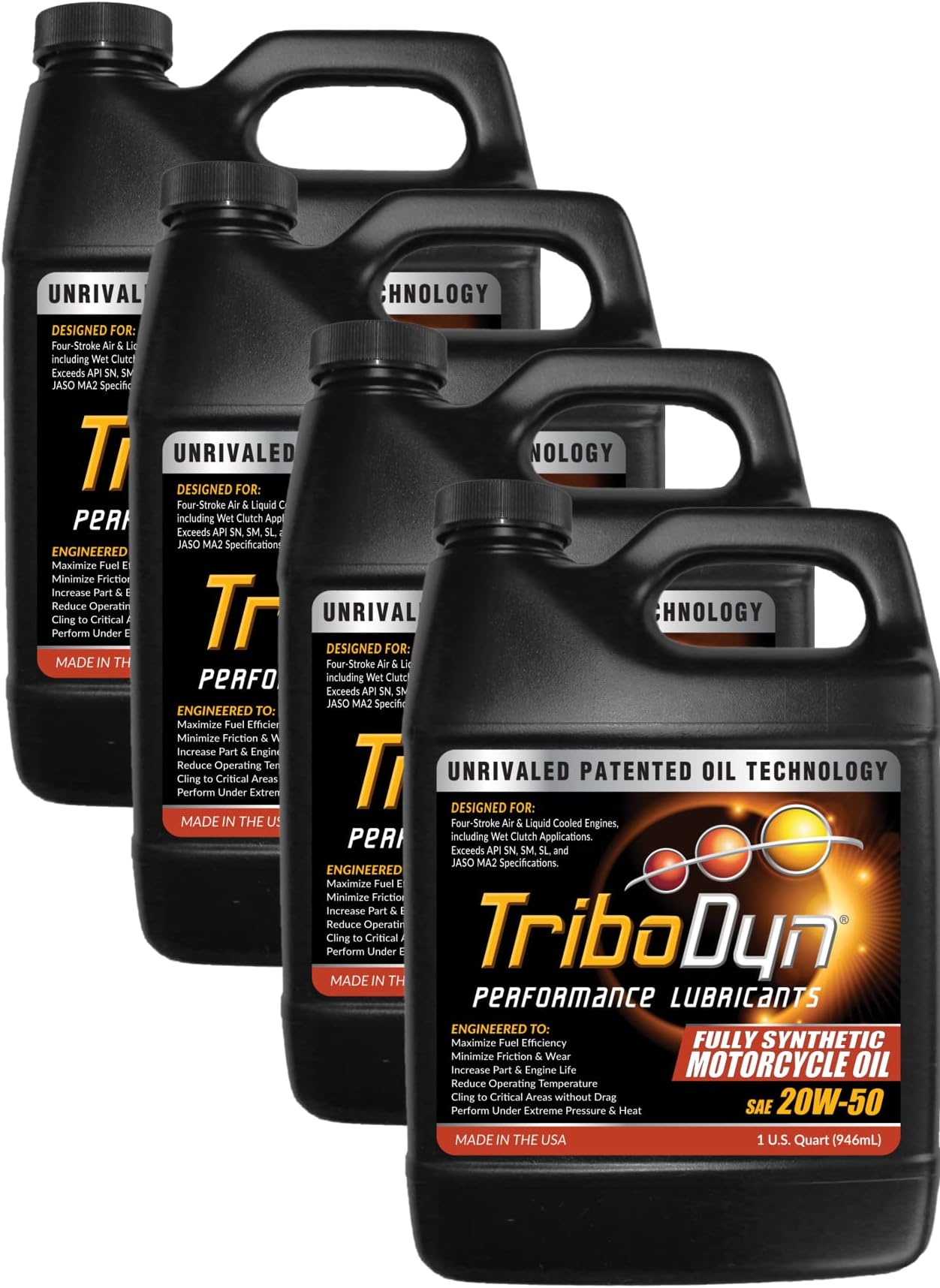 TriboDynSynthetic SAE 20W50 Motorcycle Oil with Ceramic Coating (4 Quart Pack, 20W-50)