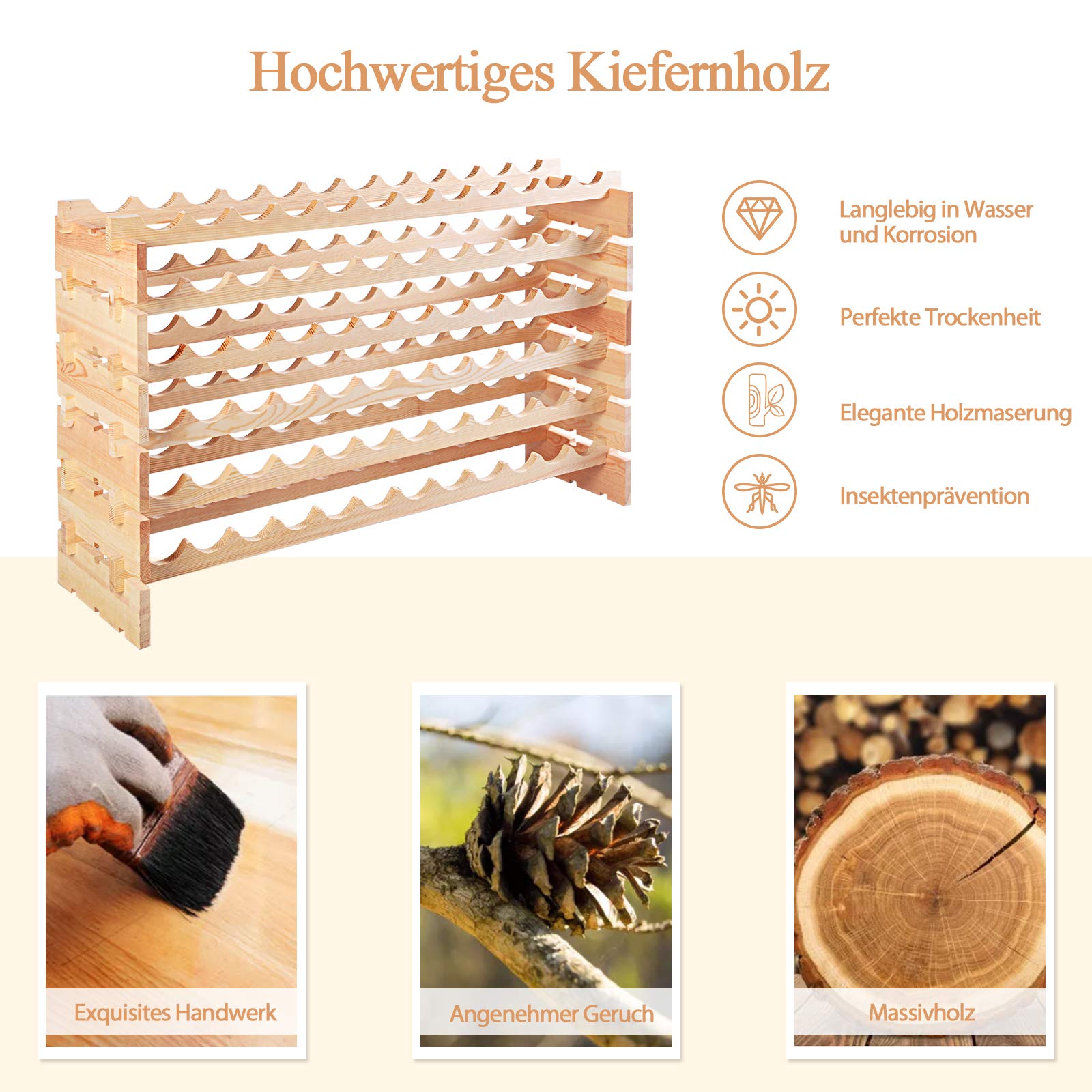 COSTWAY Weinregal Holz stapelbar, Flaschenregal für 72 Flaschen, Weinständer mit 6 Ebenen, Holzregal, Flaschenständer für Küche, Esszimmer, Bar, Keller, 119 x 29 x 72 cm