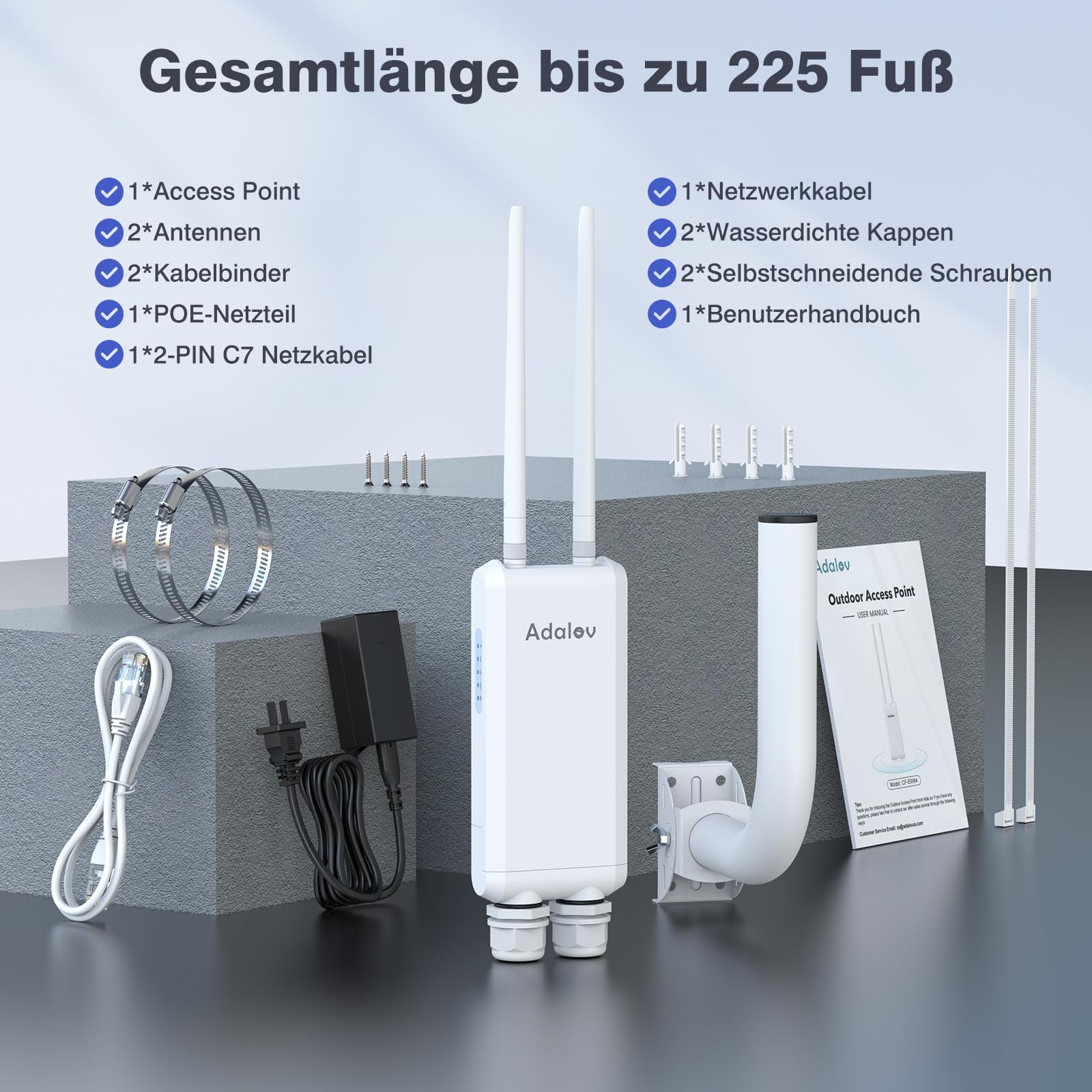 AdaLov Gigabit Outdoor WLAN Access Point 1200 Mbit/s Dualband 2,4/5,8 GHz IP66 wasserdicht 48V PoE