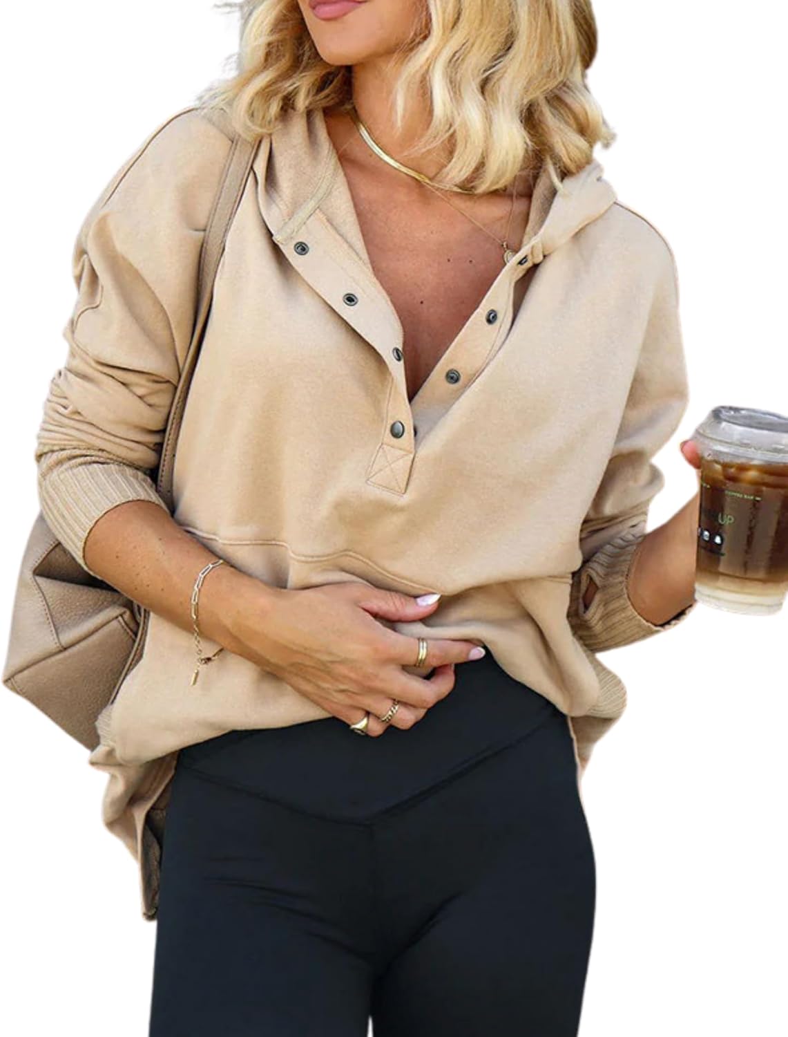 LIZALIG Women's Oversized Cotton Sweatshirt - Fall Essential Button Up Hoodie Pullover with Pockets Long Sleeve Casual Top