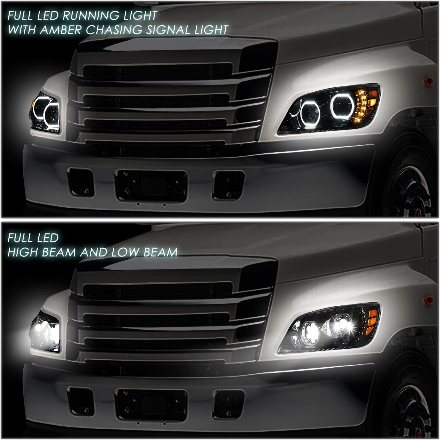 DNA MOTORING HL-HAY-041-BK Pair of Dual LED Halo Projector Headlights Compatible with 2006-2017 Hino 338 268 258,Black Housing