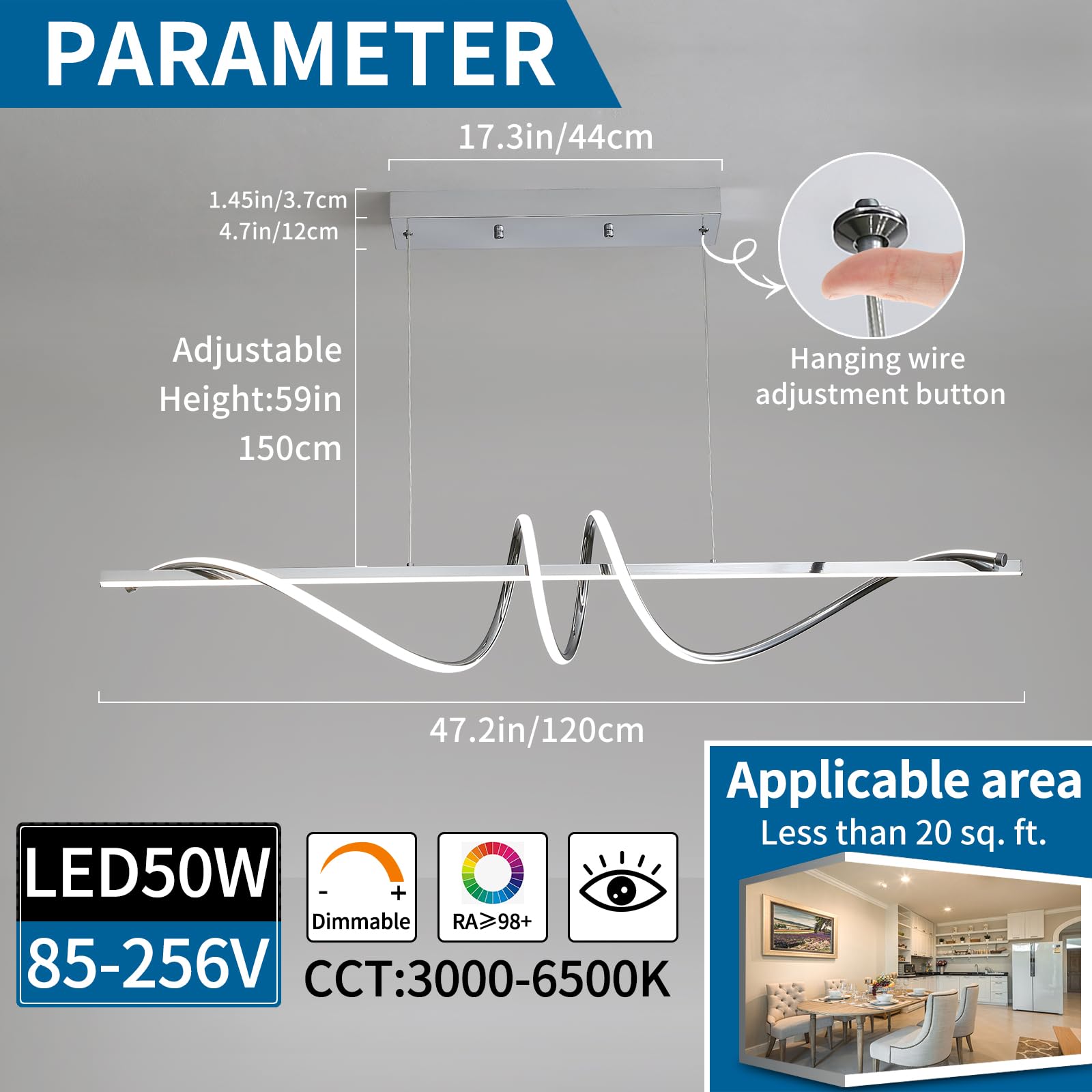 Mikeru 120cm Illuminazione a Sospensione a Spirale, Luci a Sospensione da Cucina Cromate 3000k/4500k/6500k Dimmerabile dal 10% al 100% Luce a Sospensione Con Funzione di Memoria per Il Soggiorno