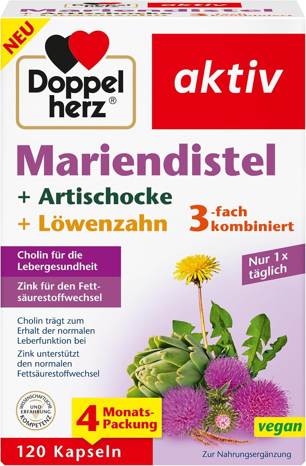 Doppelherz Mariendistel + Artischocke + Löwenzahn - Cholin Trägt Zum Erhalt Der Normalen Leberfunktion Bei - 120 Kapseln