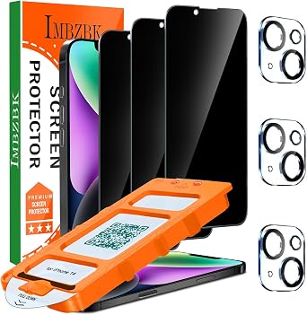 IMBZBK [Auto-Dust Removal] 3 Pack Privacy Screen Protector for iPhone 14 Anti Spy Private Accessories, Case Friendly Film, Military Grade Tempered Glass 3 Camera Lens Protector