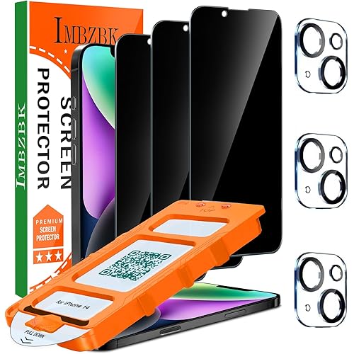 IMBZBK [Auto-Dust Removal] 3 Pack Privacy Screen Protector for iPhone 14 Anti Spy Private Accessories, Case Friendly Film, Military Grade Tempered Glass 3 Camera Lens Protector