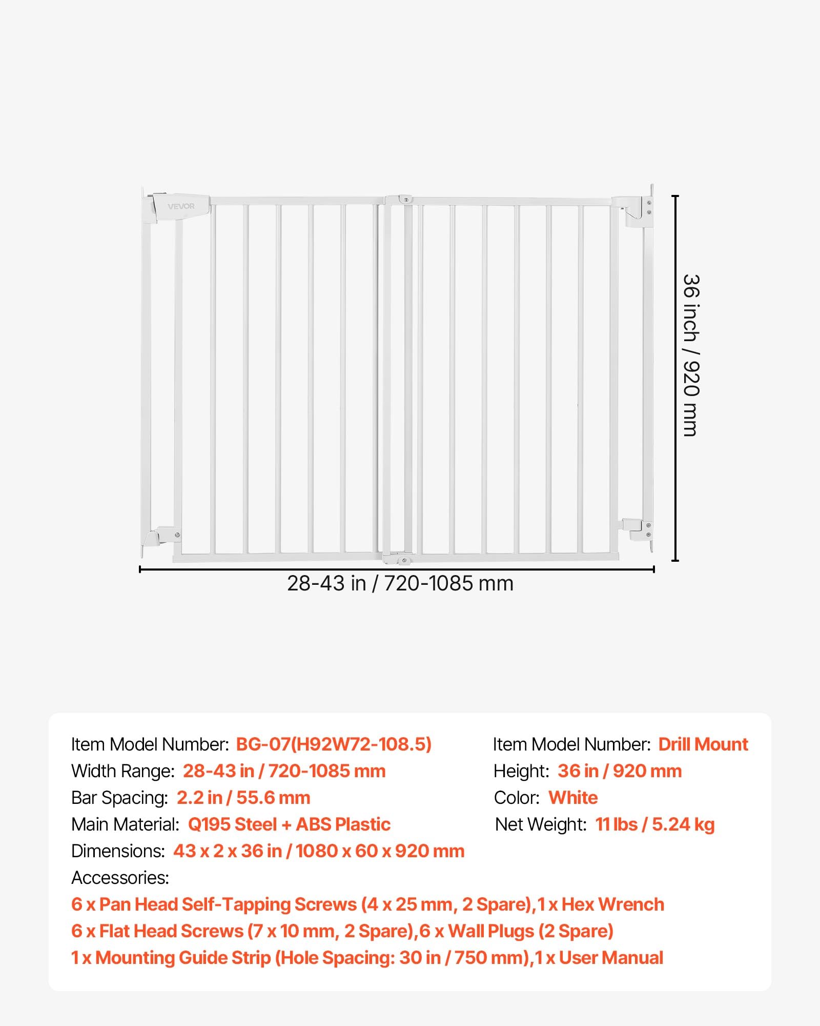 VEVOR Barrera de Seguridad para Niños, 920 mm x 720-1085 mm, Valla de Seguridad Infantil para Gatos y Perros, con Doble Bloqueo Cierre Automático, Apertura de Una Mano, para Escaleras Hogar, Blanco