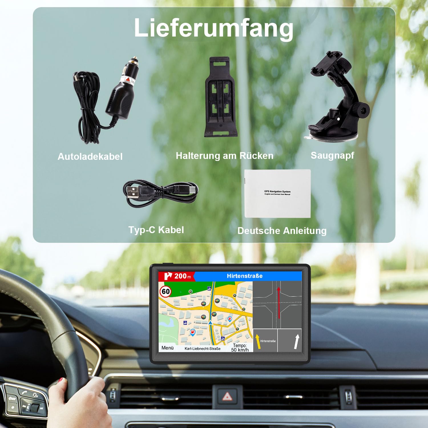 GPS Navigationsgerät für Auto und LKW 2024 - 7 Zoll Navigation mit Europa UK 52 Karten, Lebenslang Kostenloses Kartenupdate, Blitzerwarnung, Sprachführung, POI, Fahrspur