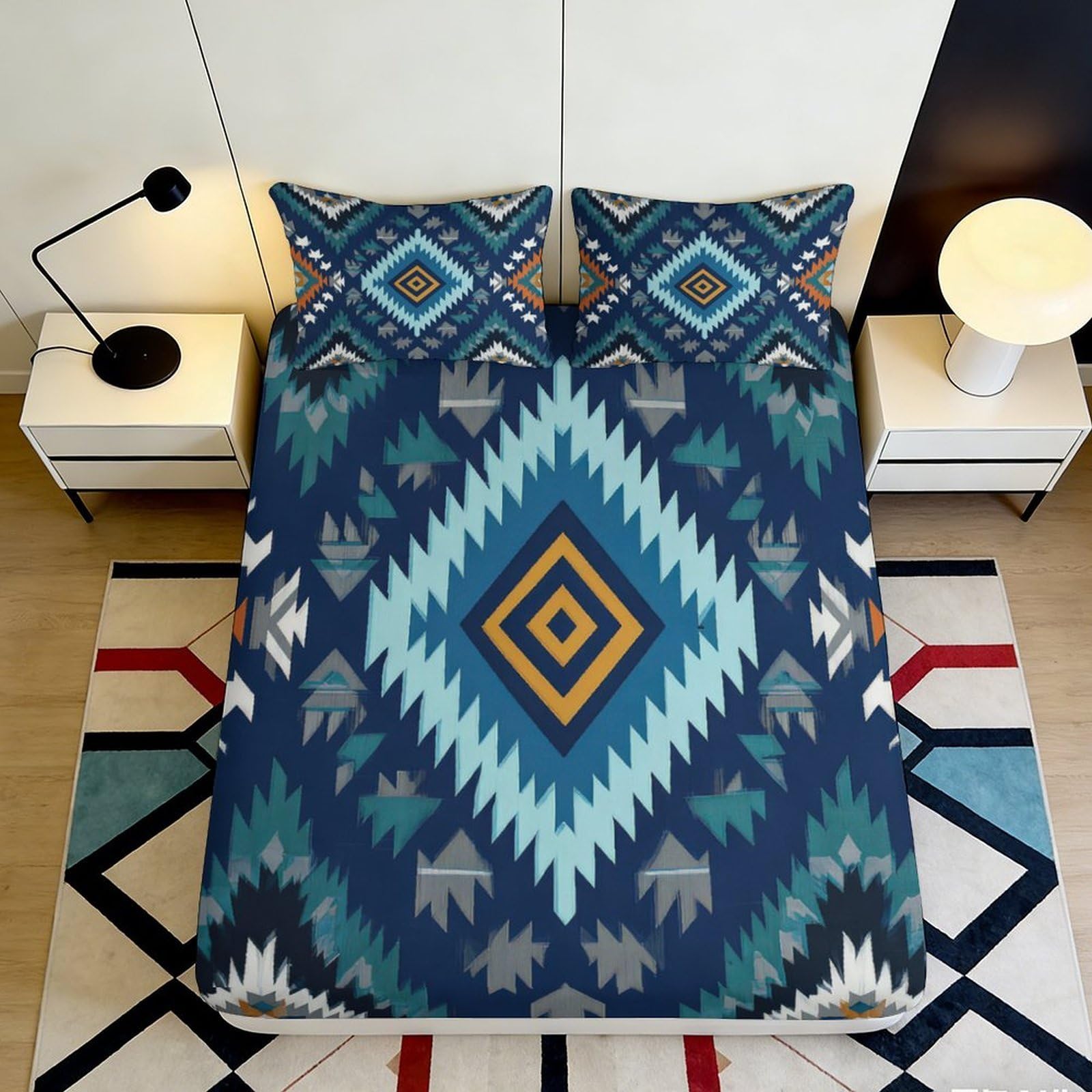 3D Printed Aztec Diamond Fitted Sheet Microfiber Soft Breathable Navajo Geometric Mattress Cover for Bedroom Dorm Mattress Protection Decor 90x200x25cm