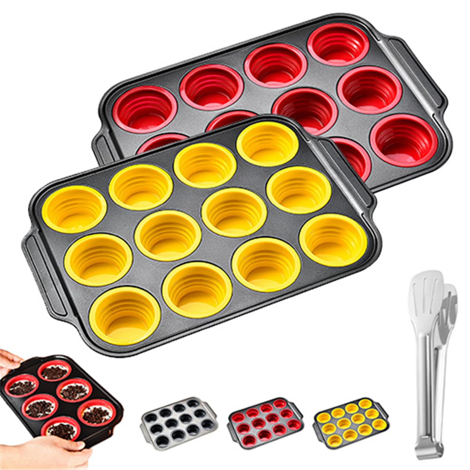 Stampo in silicone per muffin, con meccanismo a pressione e rilascio, riutilizzabile, antiaderente, per casa, cucina e feste (giallo + rosso)