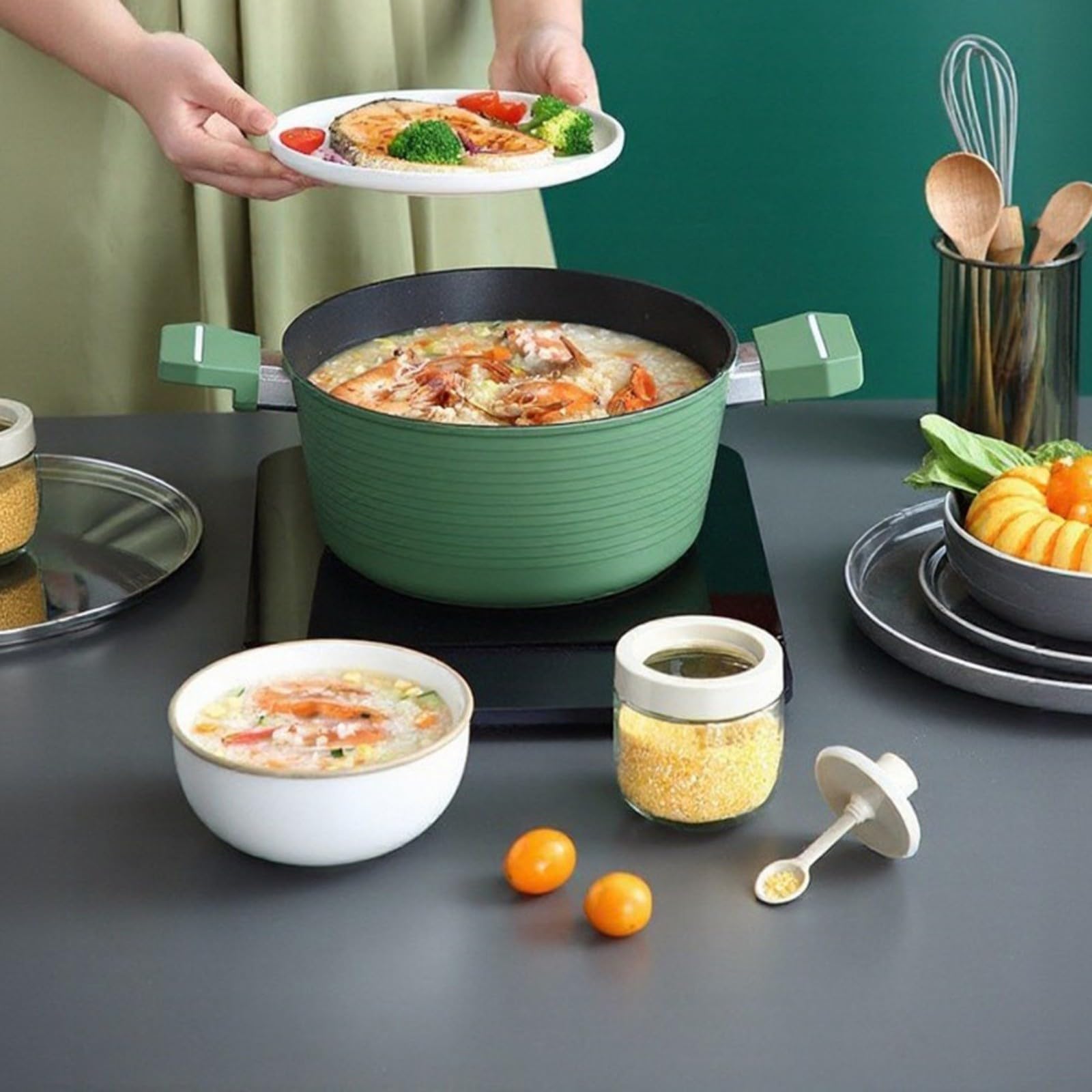 Kochtopf aus Legierung mit isolierten Doppelgriffen für Suppe, Nudeln und tägliche Mahlzeitenzubereitung, Grün