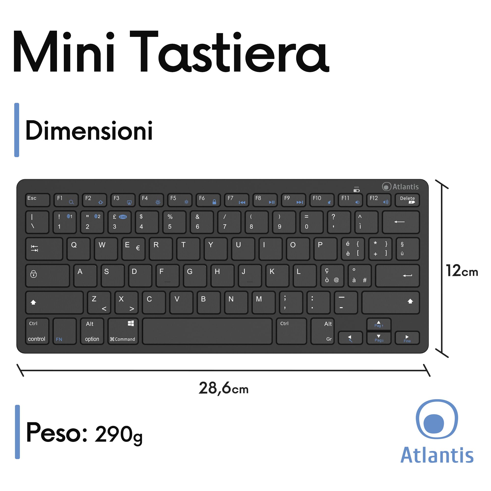 Atlantis ARGO 900 Mini Ultraslim klawiatura bezprzewodowa RF + Bluetooth, QWERTY 78 klawiszy czekoladowych do PC/notebooka/smartfona, tabletu/iOS/Android, kolor czarny
