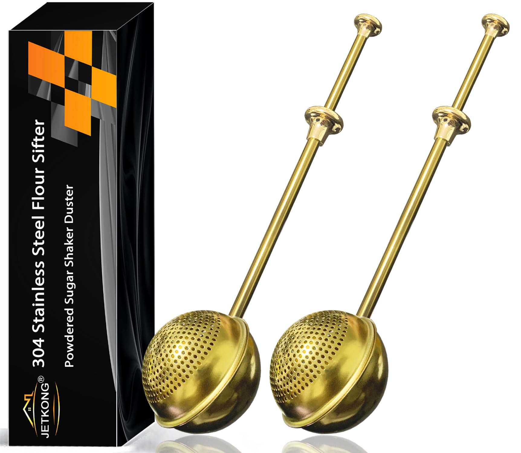 JETKONG Large Flour Sifter, Baking Sifters with 18/8 Stainless Steel Dusting Wand for Sugar, Flour and Spices, Set of 2 (Large, Gold)