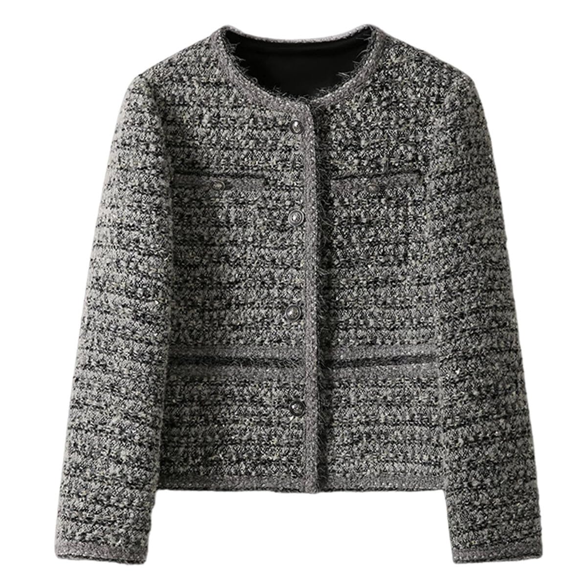 Womens Tweed Cropped Blazers Round Neck Long Sleeve Short Jacket Trendy Fall Winter Casual Button Down Tops Jackets
