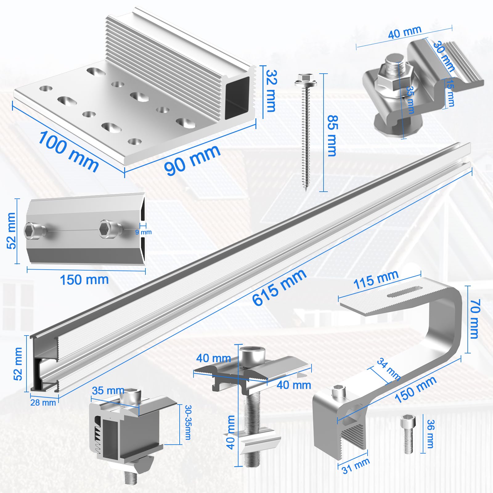 Lot de 2 supports de toit pour panneaux solaires, support solaire pour toit en tuiles, crochets de toit – Avec profil solaire en aluminium, kit de montage réglable, jusqu'à 120 cm de largeur par