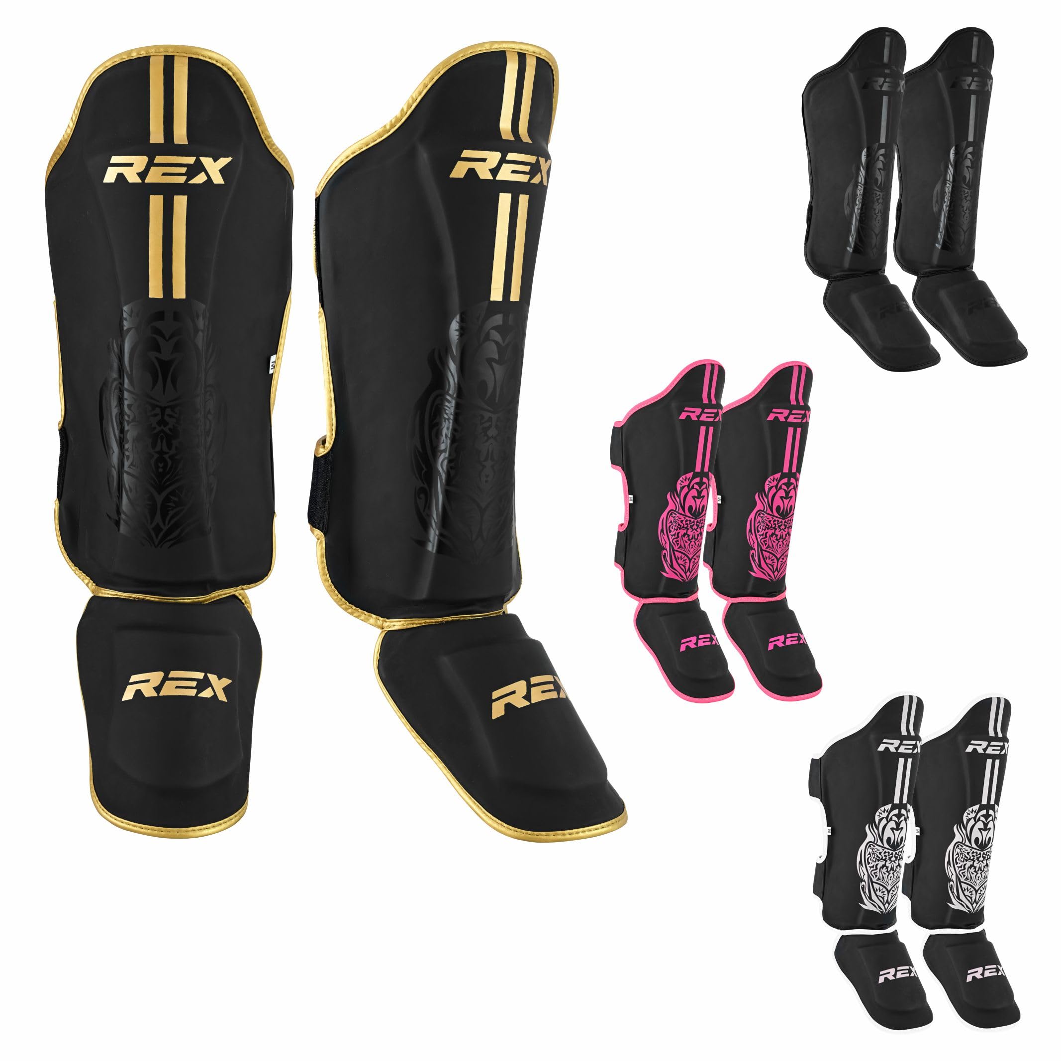 Rex Sports Endurance Shin Guard Instep for Kickboxing, MMA fighting pads, kickboxing shinpads, Muay Thai Leg pads, Rexene Leather Boxing protection for legs (GOLD/BLACK, XL)