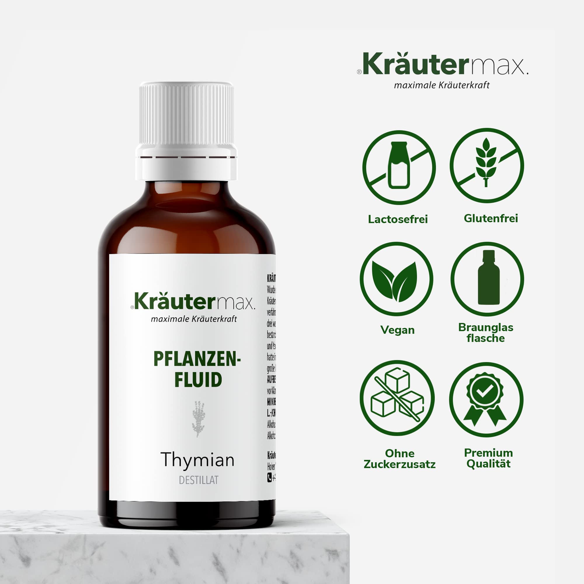 Kräutermax Thymian Tropfen 1 x 50 ml, Pflanzen Fluid Destillat nach Paracelsus, ideale Ergänzung zu Tee, Extrakt flüssig, Tinktur, Kapseln, Tabletten - Vegan Thymianöl