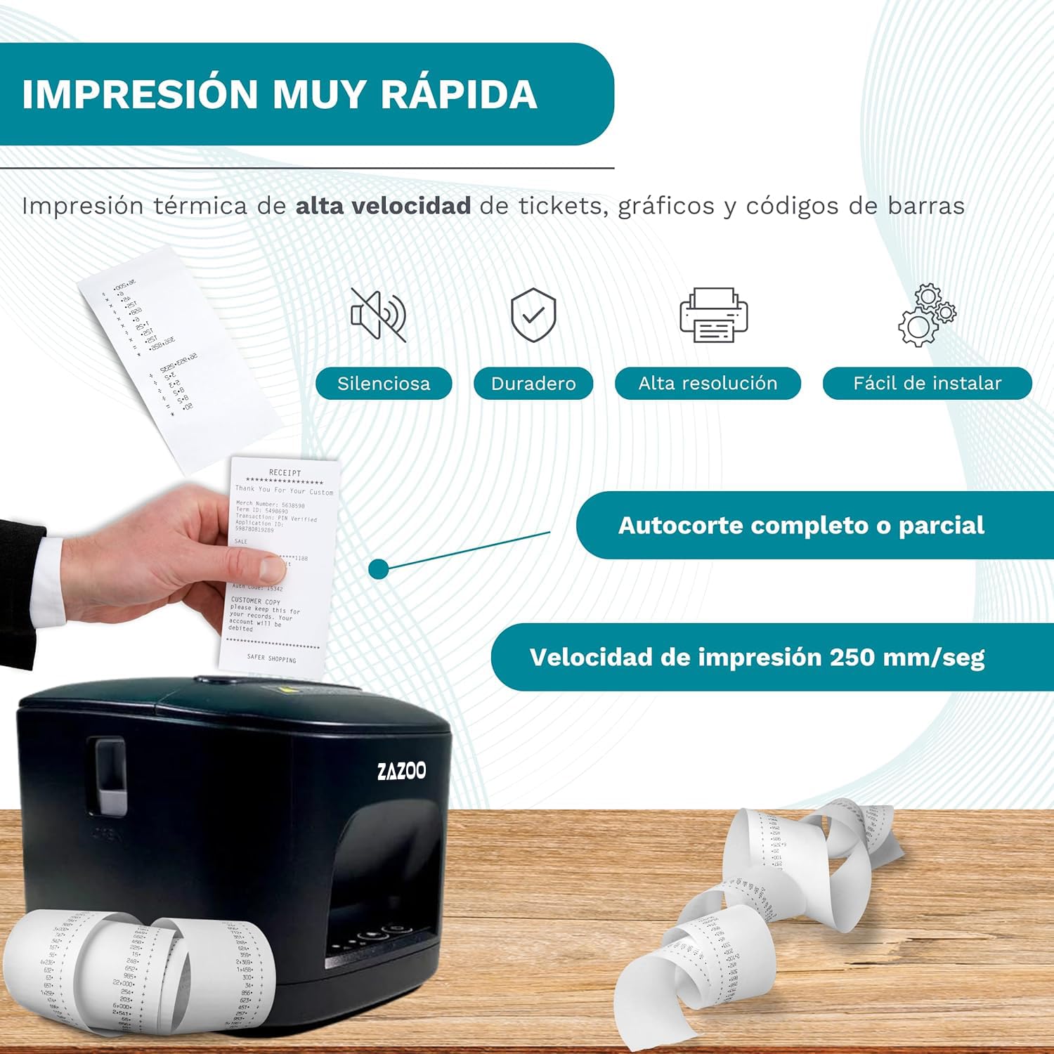 GEON Impresora Tickets 80mm - USB + LAN - Papel Térmico 80 mm - Impresora Termica sin Tinta - Corte Automático - Velocidad de Impresión 200 mm/s - Compatible con Windows - Zazoo