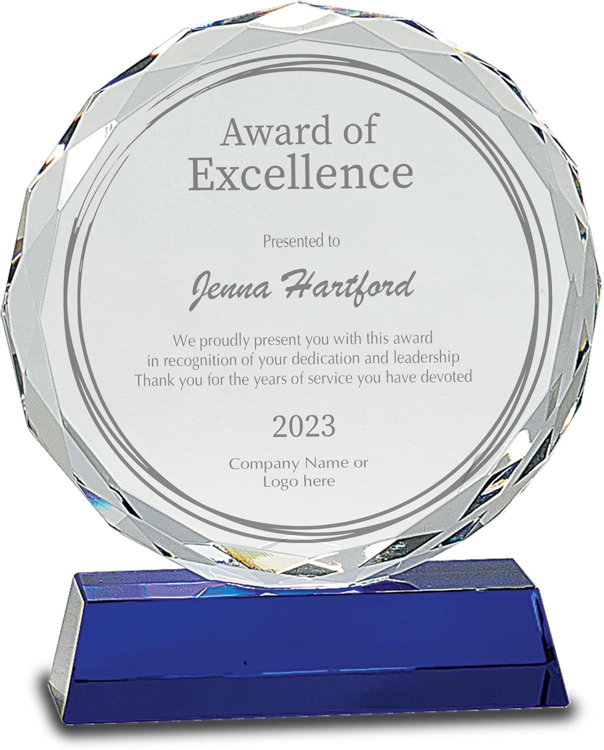 Personalized Round Facet Crystal Plaque on Blue Base Award, Custom Engraved Glass Award for Employee Appreciation, Recognition, Retirement and More (5")