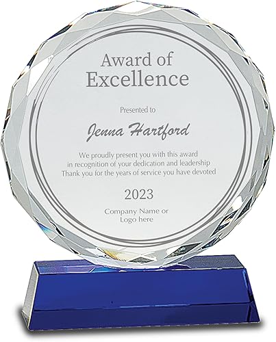 Placa de cristal personalizada de faceta redonda en la base azul, premio de vidrio grabado personalizado para apreciación, reconocimiento,