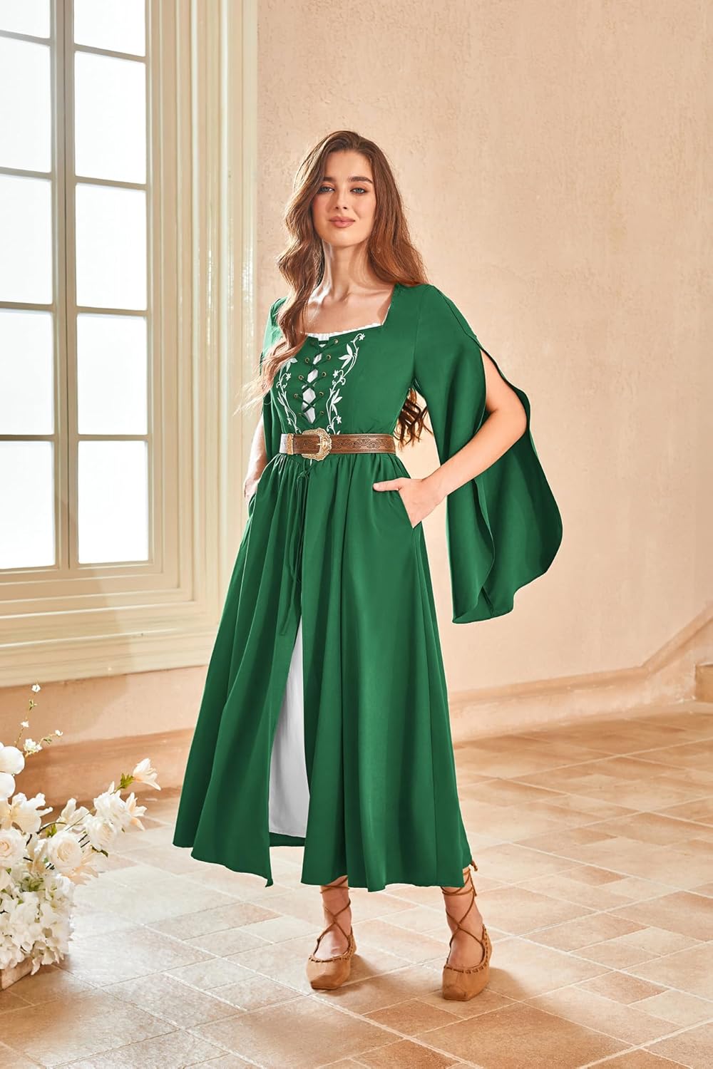 Scarlet Darkness Women's Medieval Renaissance Costume Dress Long Bell Sleeve Embroidery Cosplay Overdress - Image 6